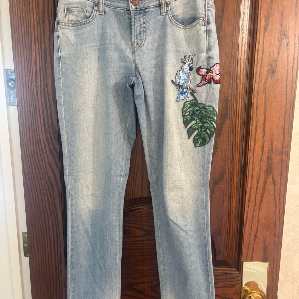 Light Blue Straight Leg Jeans with Embroidery